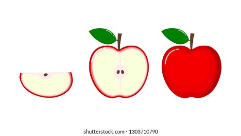 red apple and slices. fruits for healthy lifestyle isolated on white background of vector illustrations. Fresh icon cartoon. 