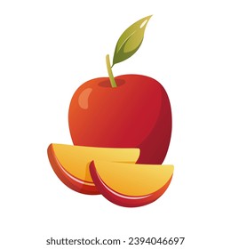 Red apple with slices isolated on white background. Ingredient for baking and cooking. Illustration for your recipe, design, cookbook. Vector flat illustration.