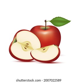 Red apple with apple slices and leaves. Vitamins, Healthy food fruit. On a white background. Realistic 3D Vector illustration. 