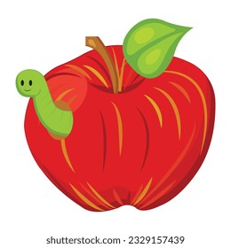 manzana roja con un gusano sonriente. Ilustración vectorial al estilo de las caricaturas aisladas en un fondo blanco.