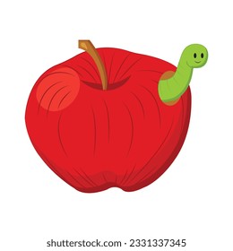 Red apple with a smiling worm. Vector illustration in cartoon style isolated on a white background.