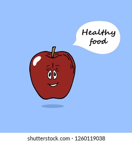 Red apple with speech bubble.  Cute fruit. Vector illustration. apple nerd character on a blue background. Healthy food concept. Smart vegan diet poster.