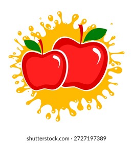 Manzana roja en salpicadura. Zumo de manzana transparente salpicado con gotas. Fruta fresca con jugosas salpicaduras. Diseño de Vector de una manzana. Diseño plano Abstractas dibujado comida saludable. Frutas de diseño de logotipo de frutas frescas. Vector