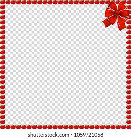 Red apple square photo frame or border with festive bow ribbon in corner isolated on transparent background. Vector template, poster, banner, framework with empty copy space for text or image inside.