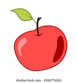 Red apple with a stalk and a leaf. Colored isolated object with outline on a white background. Cartoon.