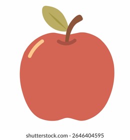 Red apple with stem and green leaf in flat cartoon style, great for back-to-school visuals, healthy snacks illustrations, or nature-inspired food artwork.