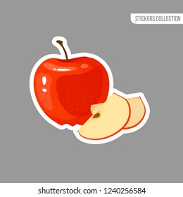 Red Apple sticker isolated on white background. Bright vector illustration of colorful half and whole of juicy apple . Fresh cartoon