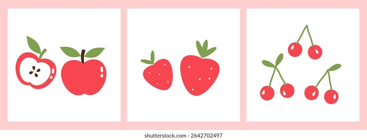 Red apple, strawberries and cherries with green leaves icon signs on white backgrounds vector.
