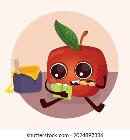 Red apple student sits and does homework at school