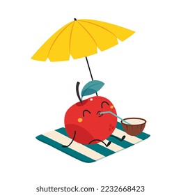 Red Apple as Summer Fruit Character Under Umbrella Drinking Coconut Cocktail Enjoying Vacation and Having Fun Vector Illustration
