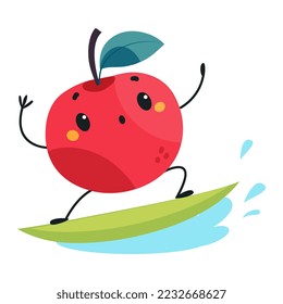 Red Apple as Summer Fruit Character Riding Surfboard Enjoying Vacation and Having Fun Vector Illustration