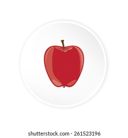 Red apple symbol on round white button. Vector illustration.