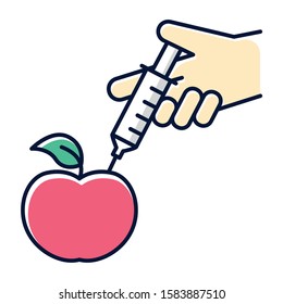 Red apple with syringe color icon. Genetically modified food, fruits. Organic chemistry. DNA modification. Changing product genome. Agricultural modern technologies. Isolated vector illustration