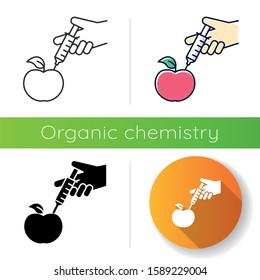 Red apple with syringe icon. Genetically modified food. Organic chemistry. DNA modification. Agricultural technologies. Flat design, linear, black and color styles. Isolated vector illustrations