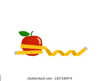 Red apple with tape measure isolated on white background.