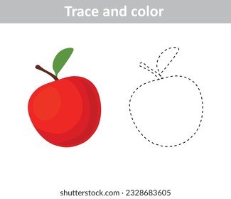 Red apple trace and color. Worksheet for kids. Vector illustration