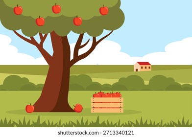 Árbol de manzana rojo en el paisaje del campo. Manzano y manzanas en cajón de madera. existencias de Vector