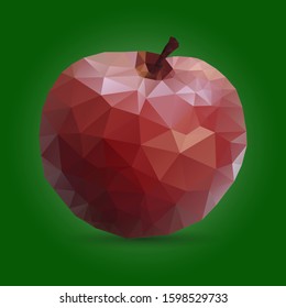 Red Apple triangulation. Low poly object on a green background, closeup, vector