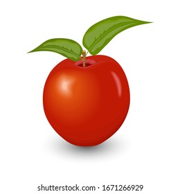 Red apple with two green leaves. Apple on a white background.