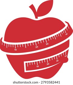 A red apple with two measuring tapes wrapped around it, one near the top and one near the bottom, on a pure white background.