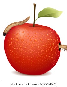 Red apple with two worms illustration
