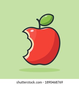 red apple, vector design illustration of bitten red apple icon in flat style with outline on green background