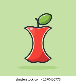 red apple, vector design illustration of bitten red apple icon in flat style with outline on green background