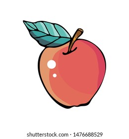Red Apple, vector drawing isolated on white background. Cartoon Doodle of cute, colorful illustrations. Funny works of art. Hand-drawn sketch. Logo design, symbol, emblem, sticker.