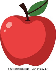 Vector de manzana roja en estilo de dibujos animados planos con una hoja verde, perfecto para materiales escolares, etiquetas de frutas o ilustraciones relacionadas con la salud.