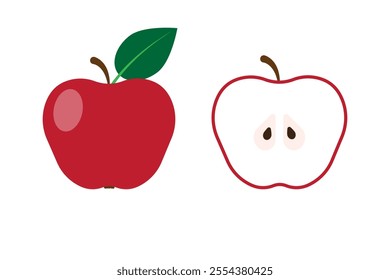 Red apple vector. Halved fruit symbol. Minimal food illustration. Healthy eating icon.