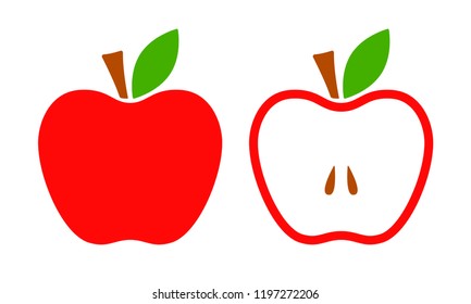 Red apple vector icon. Whole and half apples with green leaves. Flat vector illustration.