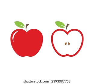Icono vector manzana roja. Diseño vectorial de manzanas enteras y cortadas. Ilustración del vector