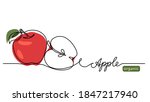 Red apple vector illustration. One continuous line drawing art illustration with lettering organic apple.