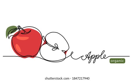 Red apple vector illustration. One continuous line drawing art illustration with lettering organic apple.