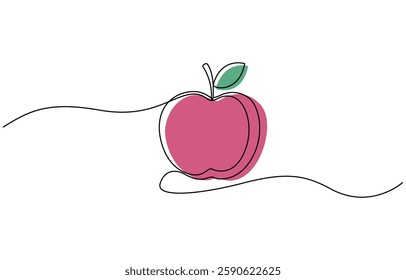 Red apple vector illustration. One continuous line drawing art illustration, Apple, school snack, vitamins one line color art. Continuous line drawing of school lunch, knowledge.