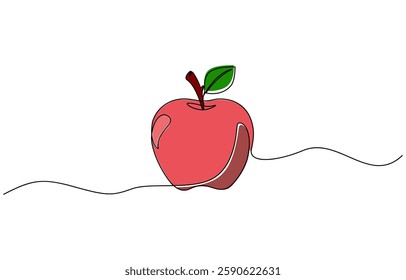 Red apple vector illustration. One continuous line drawing art illustration, Apple, school snack, vitamins one line color art. Continuous line drawing of school lunch, knowledge.