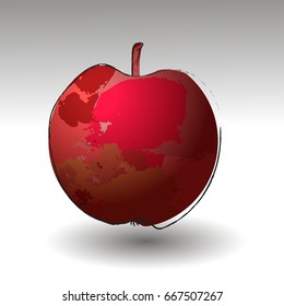 Red apple vector illustration. stylized apple with grunge painted background texture Organic fruit image. Can be used as logo. Healthy nutrition, vegan or vegetarian food with shadow.