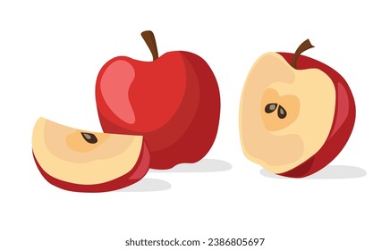 Juego de vectores de manzana roja. Todo, medio cuarto, pedazo de manzana. Vector de frutas. Comida vegetariana saludable. Vector plano en estilo de dibujos animados aislado en fondo blanco.