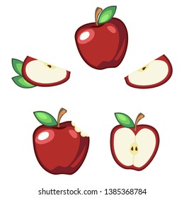 Red apple vector,Set of Different Red Apples Isolated ,red whole and half sliced apples.