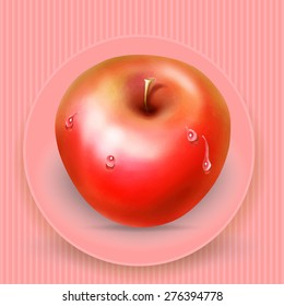 red apple with water drops, vector drawing with space for text