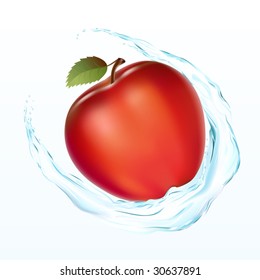 A red apple with a water wave on a white background