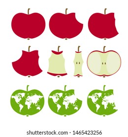 Red apple, whole, bitten, set of isolated icons on white background