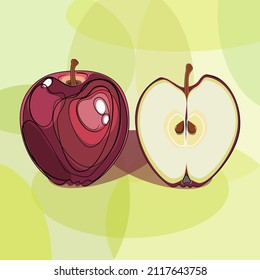 Red apple whole and cut on a green geometric background in digital flat technique vector illustration 
