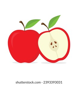 Red apple whole fruit and half sliced isolated on white background. Illustration vector