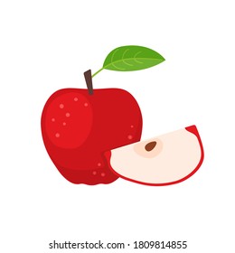 Red apple whole fruit with slice. Vector flat illustration isolated on white background