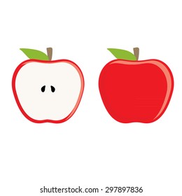 Red apple whole and half apple vector set, fresh fruit, healthy food