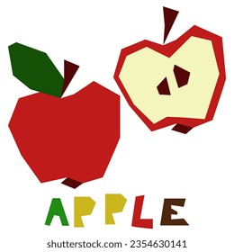 A red apple, whole and in section, is highlighted on a white background. The original signature is an apple. Juicy summer fruits for organic food packaging. Geometric stylized flat vector illustration
