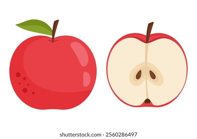 Red apple whole and slice. Healthy food vector illustration in flat design