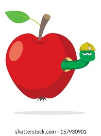 red apple with worm, funny cartoon concept 