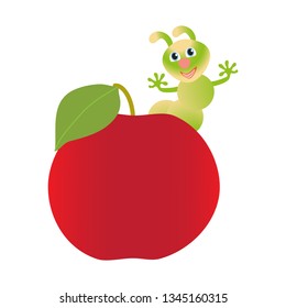 Red apple and worm isolated on white background. Vector illustration.